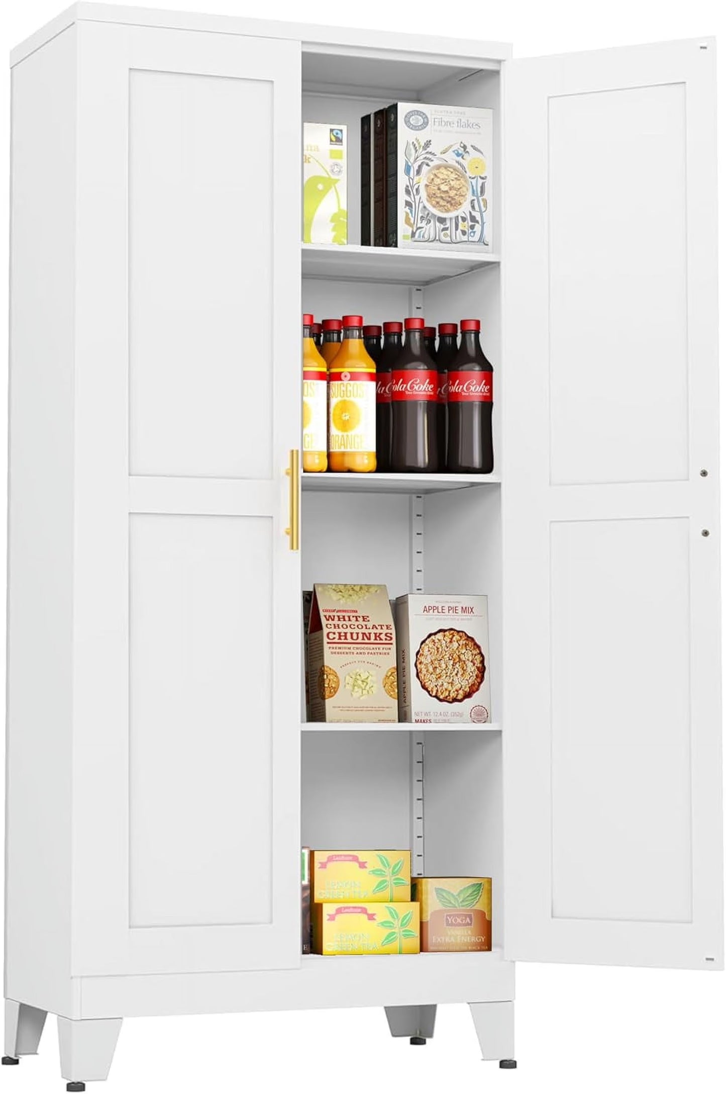 Metal Storage Cabinet - 61" Tall Steel File Cabinets with 2 Doors and 3 Adjustable Shelves Versatile Storage Pantry Cabinet for Home Office Warehouse Garage or Outdoor (White)