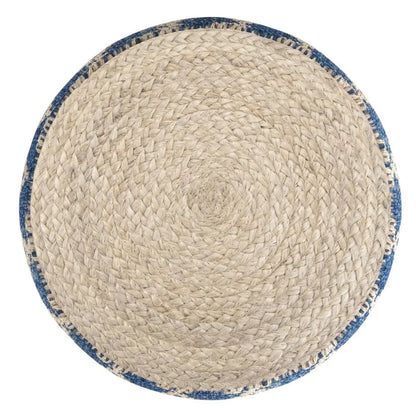 Edgeley Boho Round Pouf in Classic Blue, Natural Woven Braided Jute