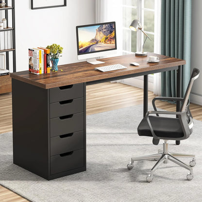 Finmind Computer Desk with 5 Drawers, 47 inches Rustic Brown Home Office Desk with Storage, Modern Study Writing Table Workstation for Small Spaces, Brown & White