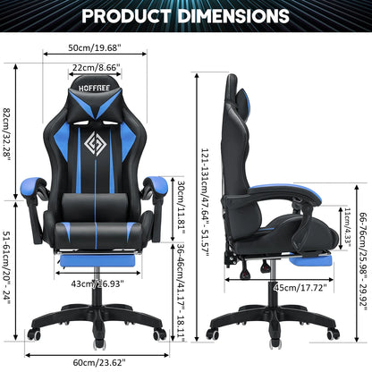 Hoffree Gaming Chair with Massage PU Leather Office Chair with Footrest and LED Light Ergonomic Gamer Chair Lumbar Support Adjustable Headrest High Back Computer Desk Chair for Home Office