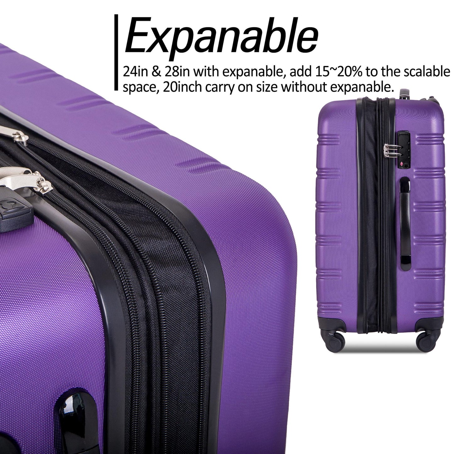 3 Piece Luggage Set Hardside Spinner Hardshell Suitcase with TSA Lock 4-Wheel Upright Luggage for 360 Degree Movement (20/24/28), Purple