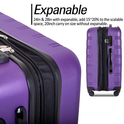 3 Piece Luggage Set Hardside Spinner Hardshell Suitcase with TSA Lock 4-Wheel Upright Luggage for 360 Degree Movement (20/24/28), Purple