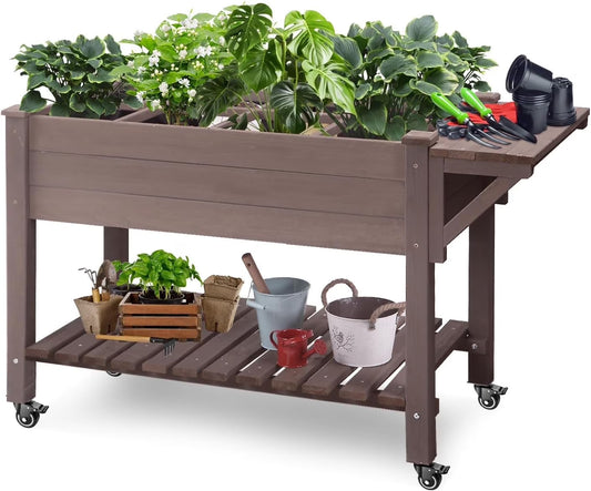 MEDEHOO Elevated Wooden Planter Box with Locking Casters - 52.7" L x 22" W x 30" H Raised Garden Bed, Removable Liner & 230lb Weight Capacity for Outdoor Plants
