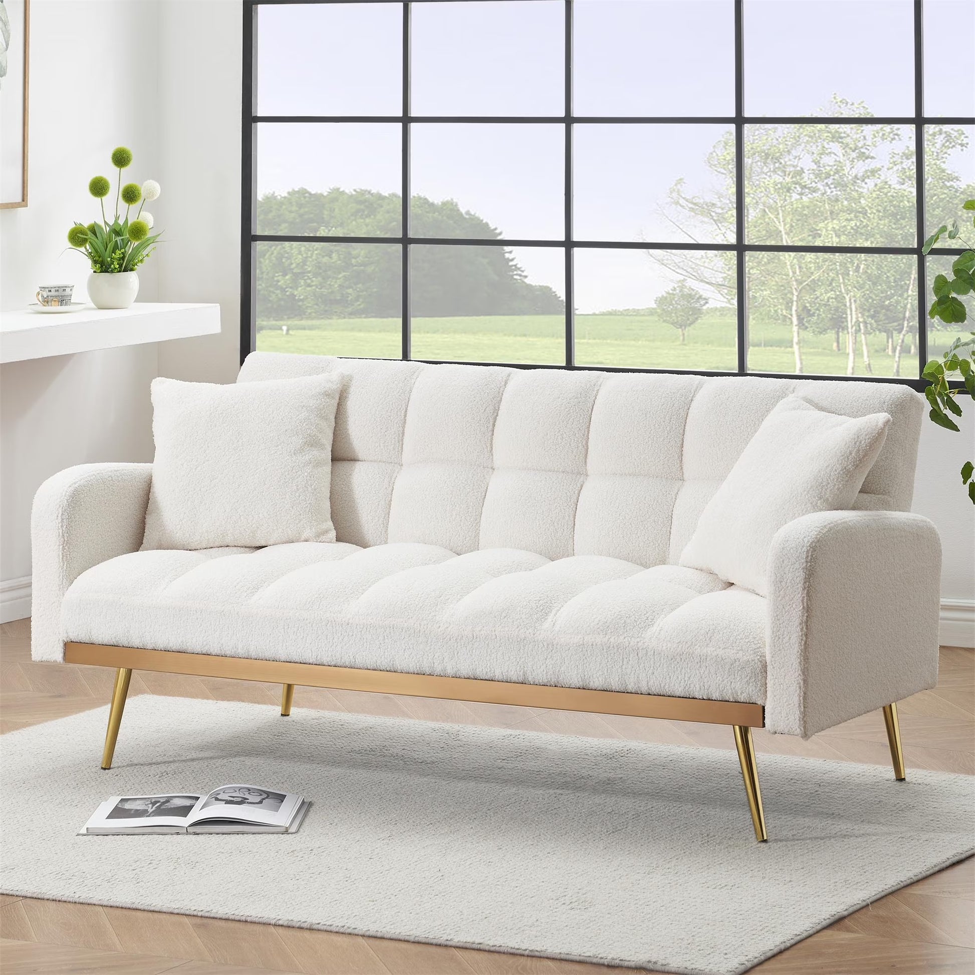 Aukfa Square Tufted Futon Convertible Sofa Bed for Home Office, 2 Pillows, Teddy Fleece, Gray