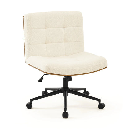 Modern Walnut Office Chair, Wide Seat Swivel Task Chair, Armless Ergonomic Chair with Wheels for Home Office, Bedroom, Ivory White