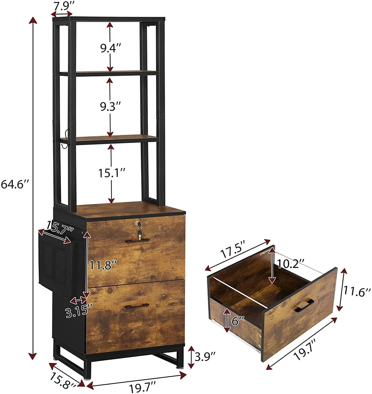 2 Drawer File Cabinet with Lock& Storage Bag,Rustic Home Office Filing Cabinets with Adjustable Storage Shelf,Brown