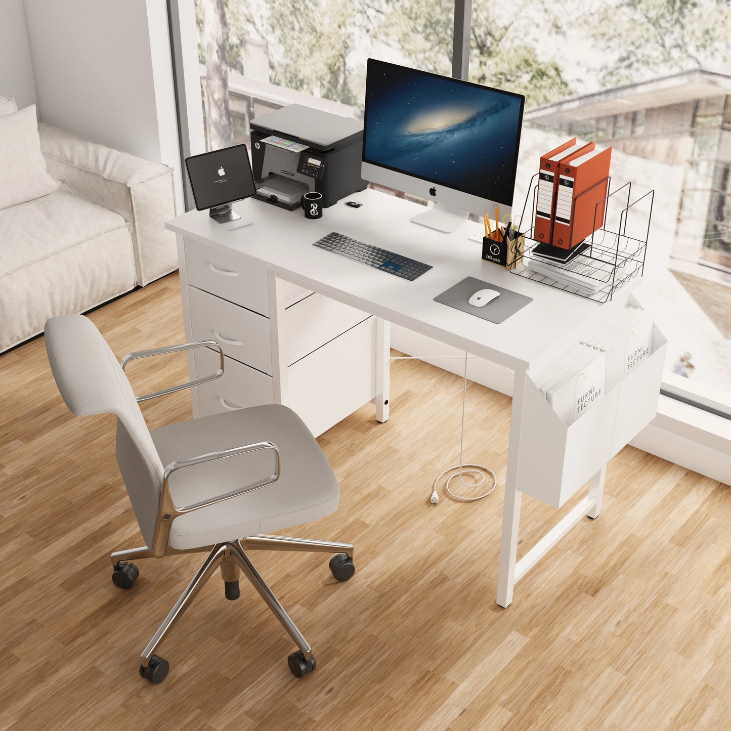New 47.3" Computer Desk with Power Outlets, Small Home Office Desk with 3 drawers,Side Pocket, Gaming Desk, Modern Study Desk, Laptop Desk, White