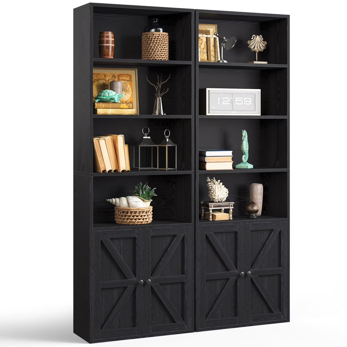 Easoger 6 Tier Bookcase Set of 2, Bookshelves with Barn Cabinet Doors, Floor Bookshelves for Home Office, Living Room, Black