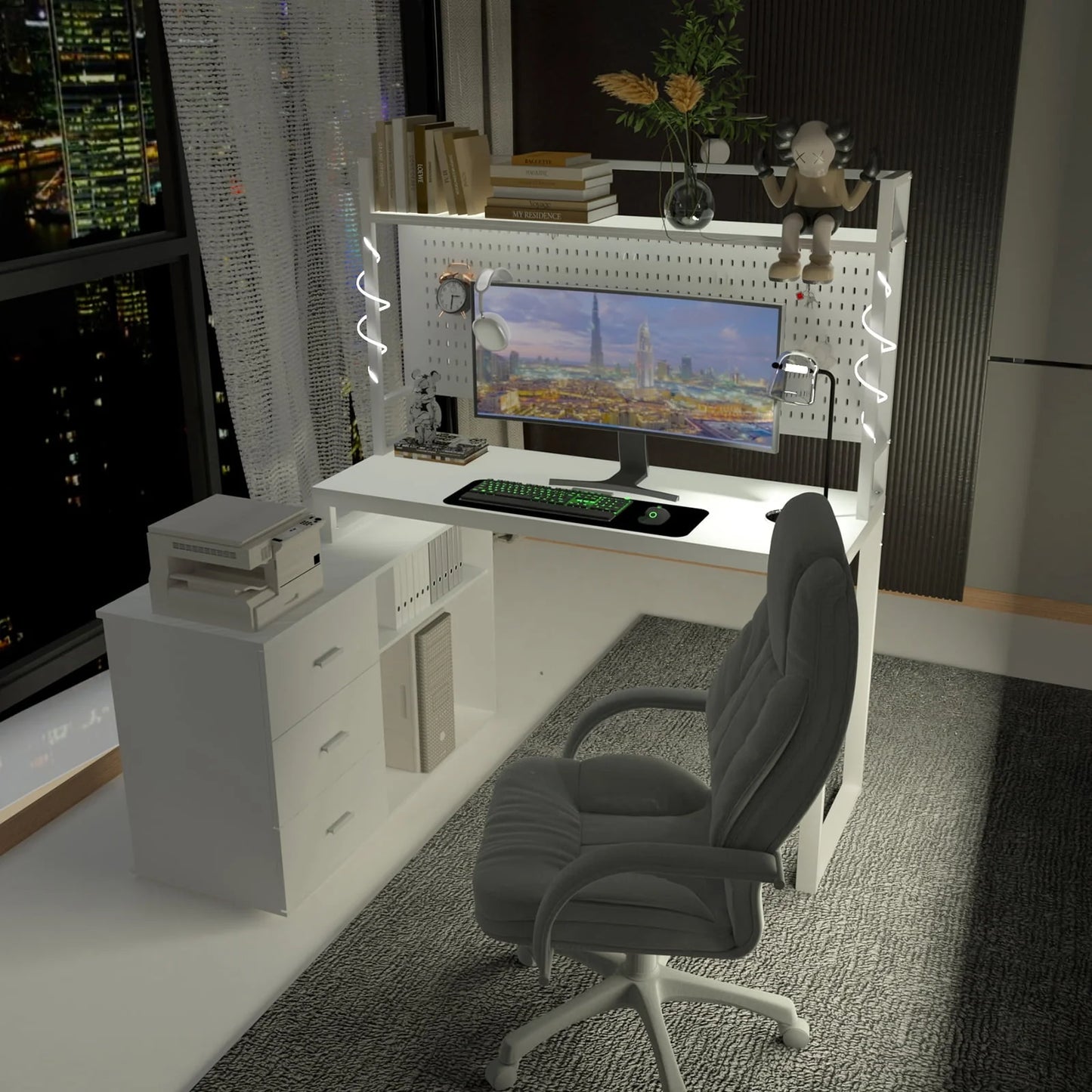 PAKASEPT 4 In 1 Home Office Computer Desk L Shaped Desk, Reversible Corner Desk with Drawers & Shelves & Pegboard, White Desk Study Writing Table for Home Office