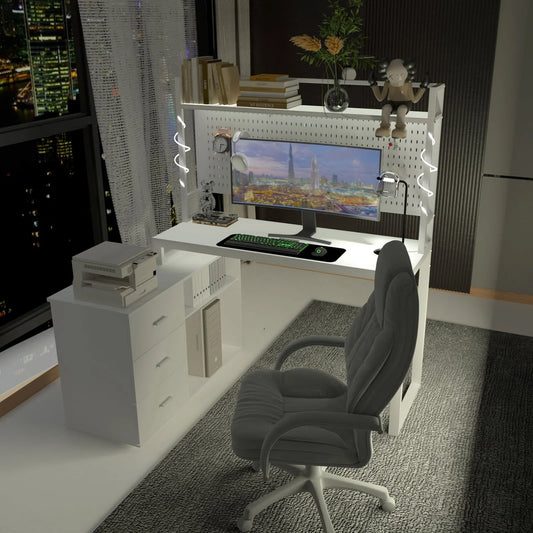 PAKASEPT 4 In 1 Home Office Computer Desk L Shaped Desk, Reversible Corner Desk with Drawers & Shelves & Pegboard, White Desk Study Writing Table for Home Office