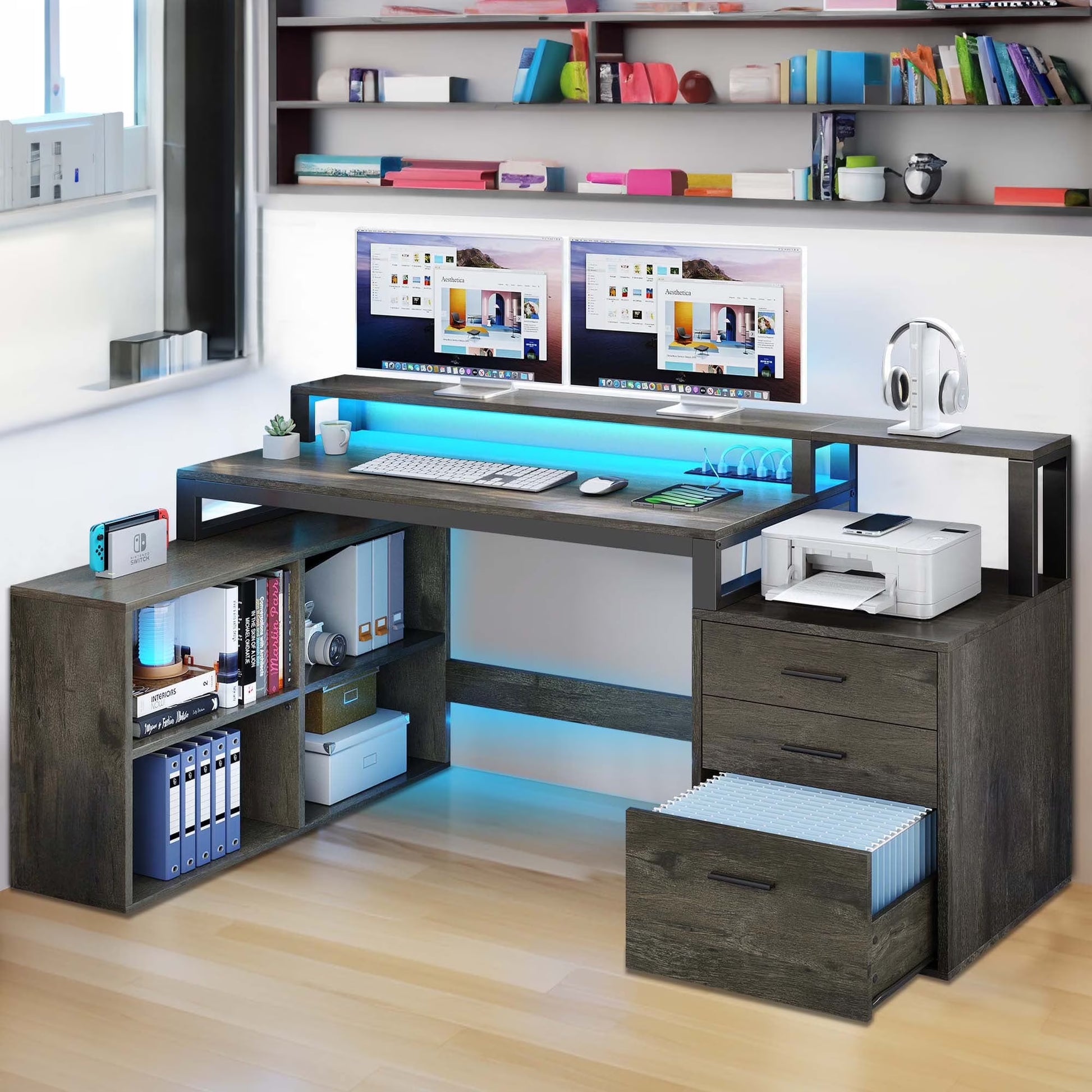Dextrus 65" L Shaped Desk with Power Outlets and Monitor Stand , Computer Desk with LED Light &File Cabinet, Corner Desk with 3 Drawers & 4 Open Storage Shelves, Modern Home Office Desk, White
