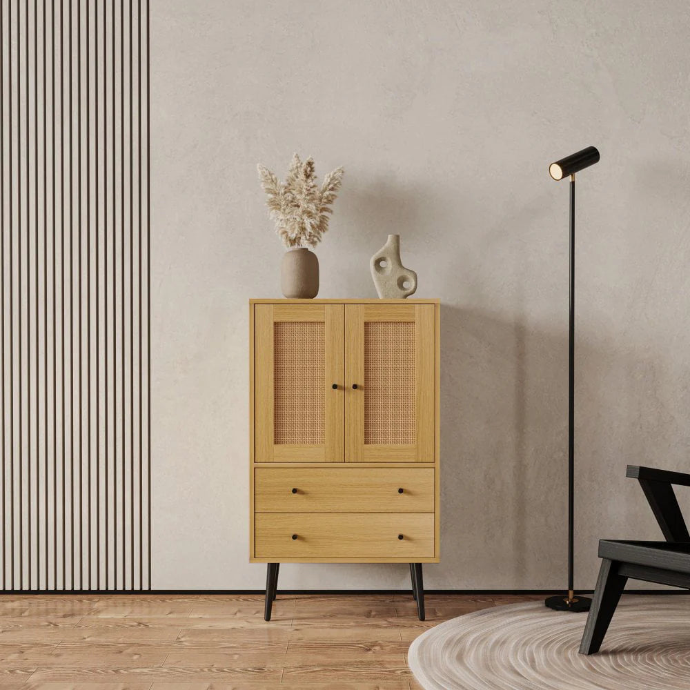GZXS Storage Cabinet with 2 Rattan Doors & 2 Drawers, Mid Century Modern Buffet Sideboard Kitchen Cupboard for Living Room, Bedroom, Hallway, Home Office, Natural