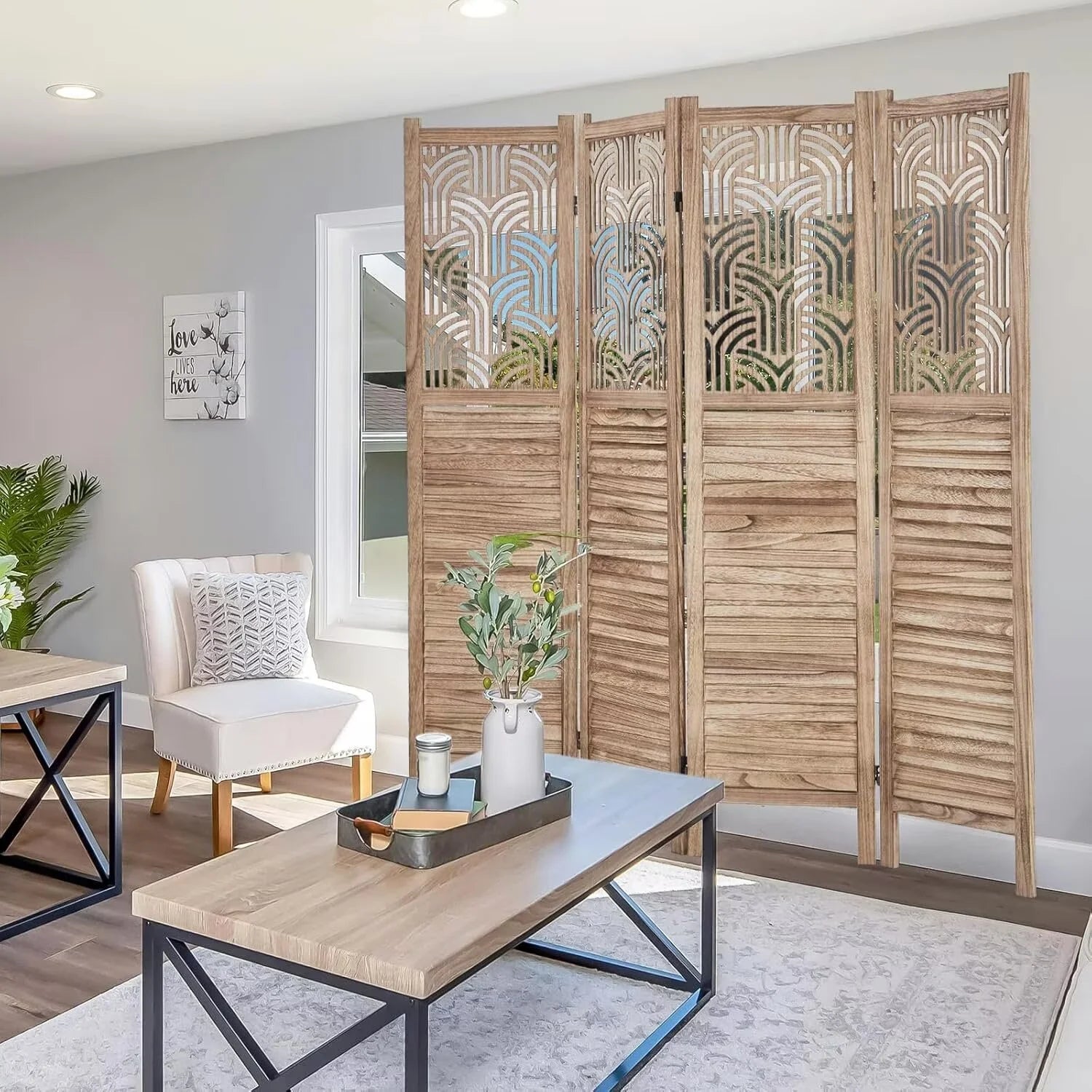 Garvee 4 Panel Wooden Room Dividers, 67" Tall Folding Portable Partition Privacy Screen, Free Assembled Freestanding Partition, Separators Divider Wall for Home Office