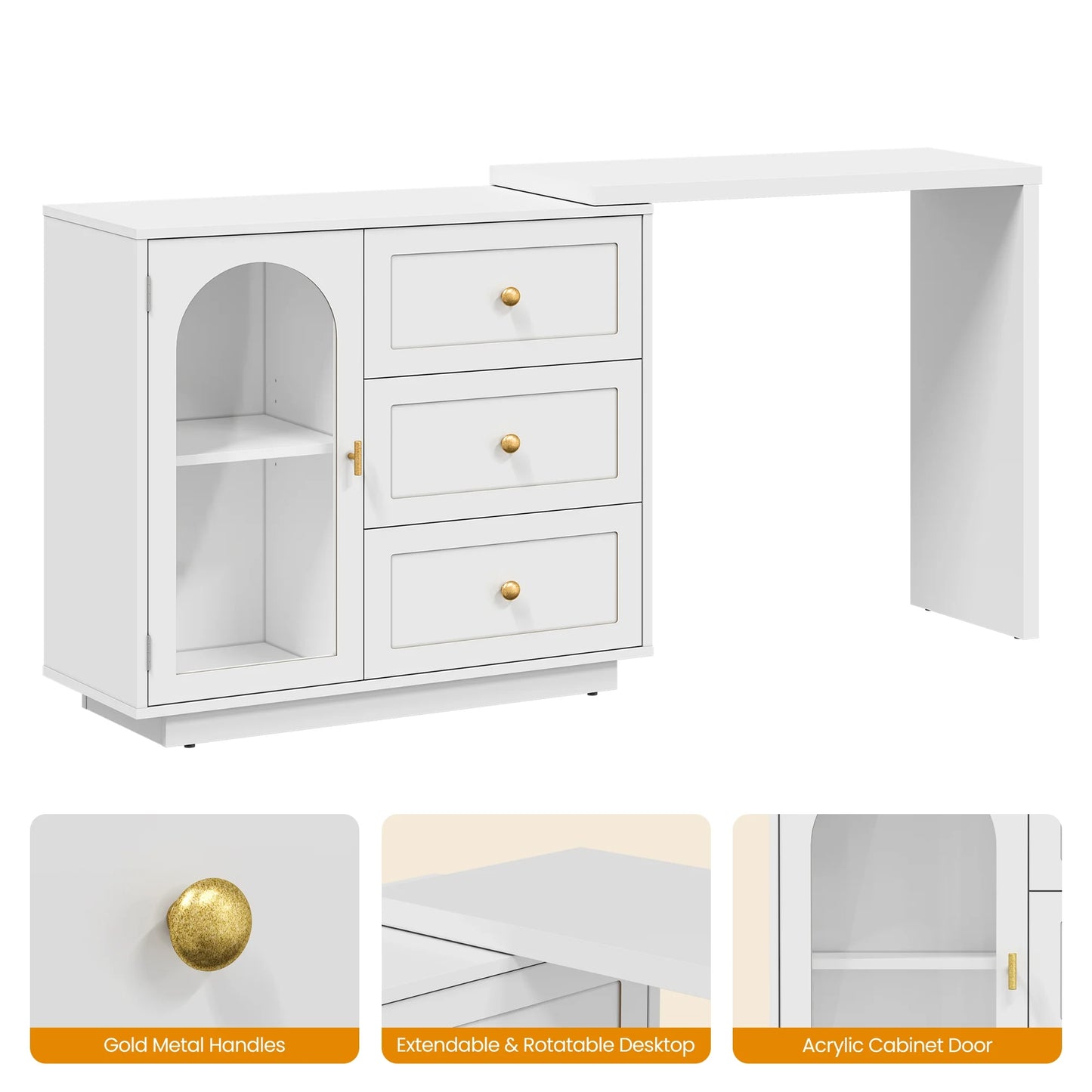 CozyHome 59° Extendable Corner Vanity Desk with Rotatable Tabletop, Large White Makeup Vanity Table for Women Girl, 3 Drawer & 1 Door, Wood Vanity Dresser for Apartment, Dorm, Study Room, Home Office