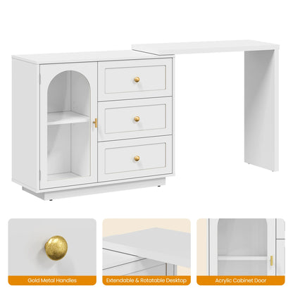 CozyHome 59° Extendable Corner Vanity Desk with Rotatable Tabletop, Large White Makeup Vanity Table for Women Girl, 3 Drawer & 1 Door, Wood Vanity Dresser for Apartment, Dorm, Study Room, Home Office