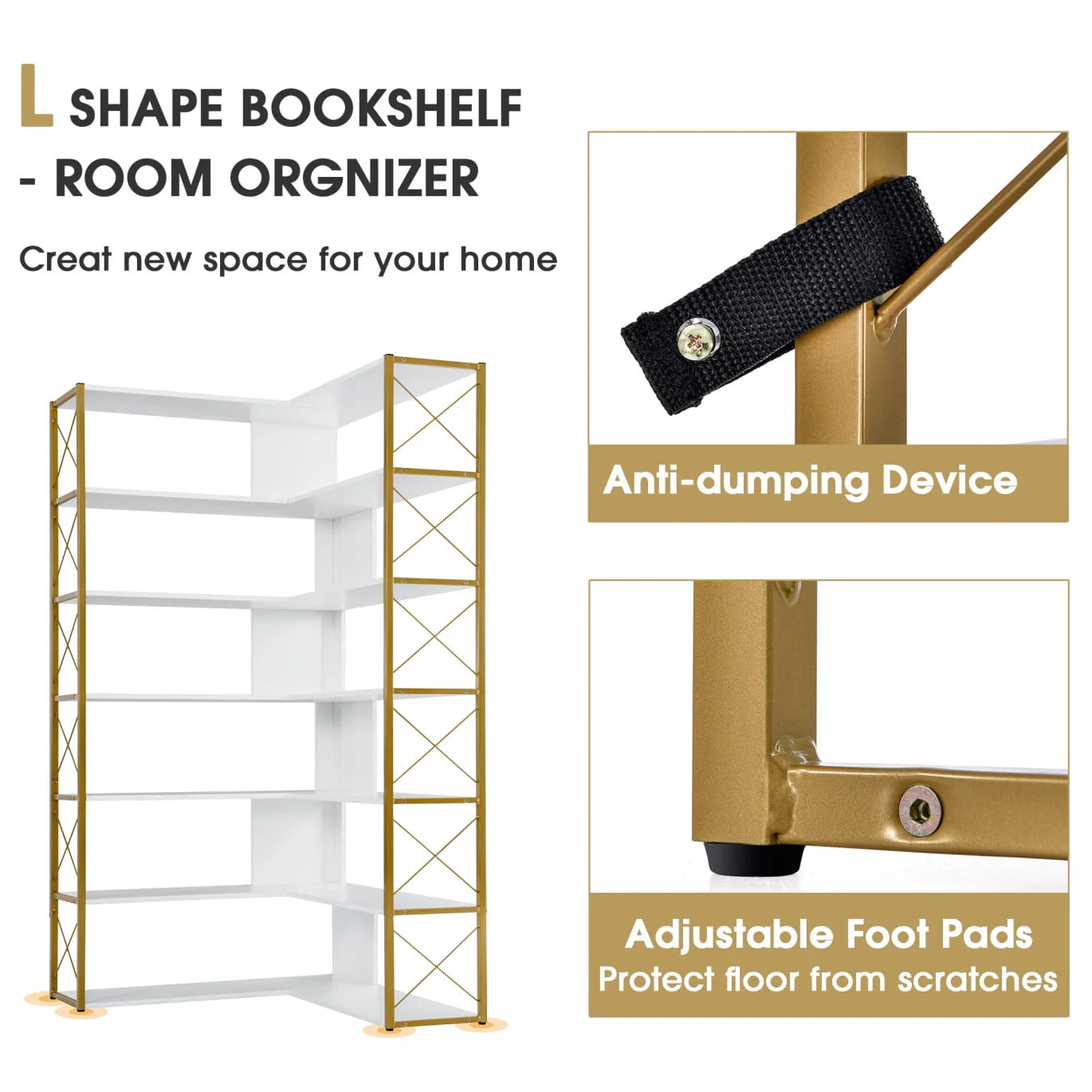 7-Tier Bookcase, L-Shaped Corner Bookcase, Tall Bookshelf with Metal Frame, Industrial Style Shelf with Open Storage, Bookshelf for Home Office Living Room and Bedroom, Gold+White