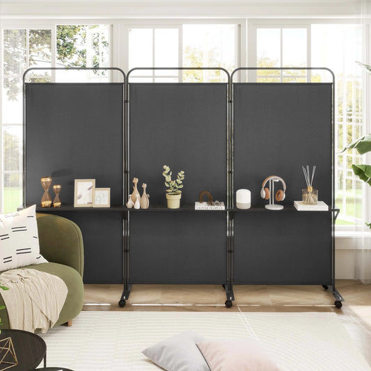 Costway 3-Panel Room Divider with Storage Shelves 6FT Tall Folding Privacy Screen on Wheels Black