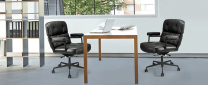 Mid Back Genuine Leather Office Chair, Adjustable Height and Liftable Swivel Computer Chair with Rolling Casters for Home Office Use, Black