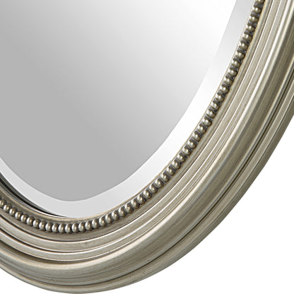 29 Inch Wood Wall Mirror, Beaded Oval Shape, Metallic Silver, Saltoro Sherpi