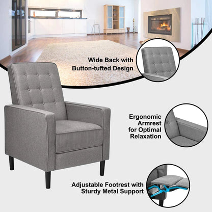 Giantex Push Back Recliner Chair, Fabric Accent Arm Chair with Ottoman Modern Recliner Sofa for Living Room Bedroom Home Office Club Chair (1 Pcs, Grey)