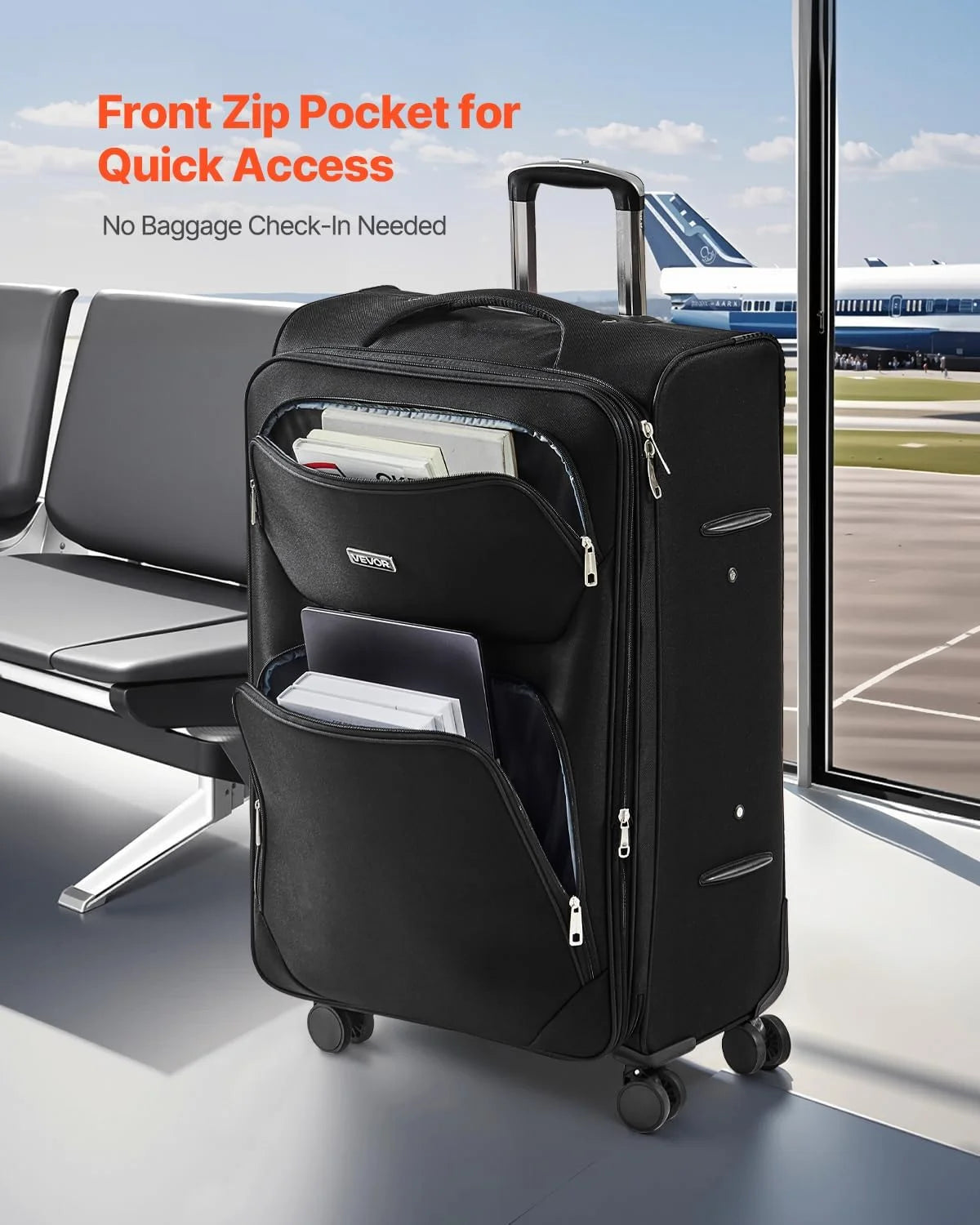 Softside Expandable Luggage with Spinner Wheels, 28-Inch Softside Checked Large Luggage, Lightweight Checked Suitcase with Expandable Zippered Pocket and TSA Lock, Black