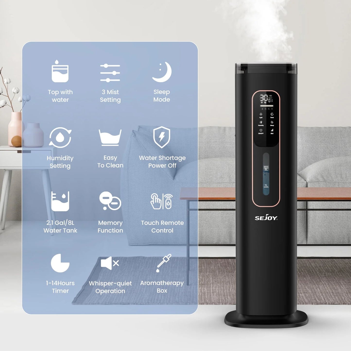 Sejoy Humidifiers for Bedroom Large Room Home.1GAL/8L Top Fill Floor Ultrasonic Humidifiers with 3 Mist Speed,Remote,Quiet Humidification for Plants and Baby Infant,Black