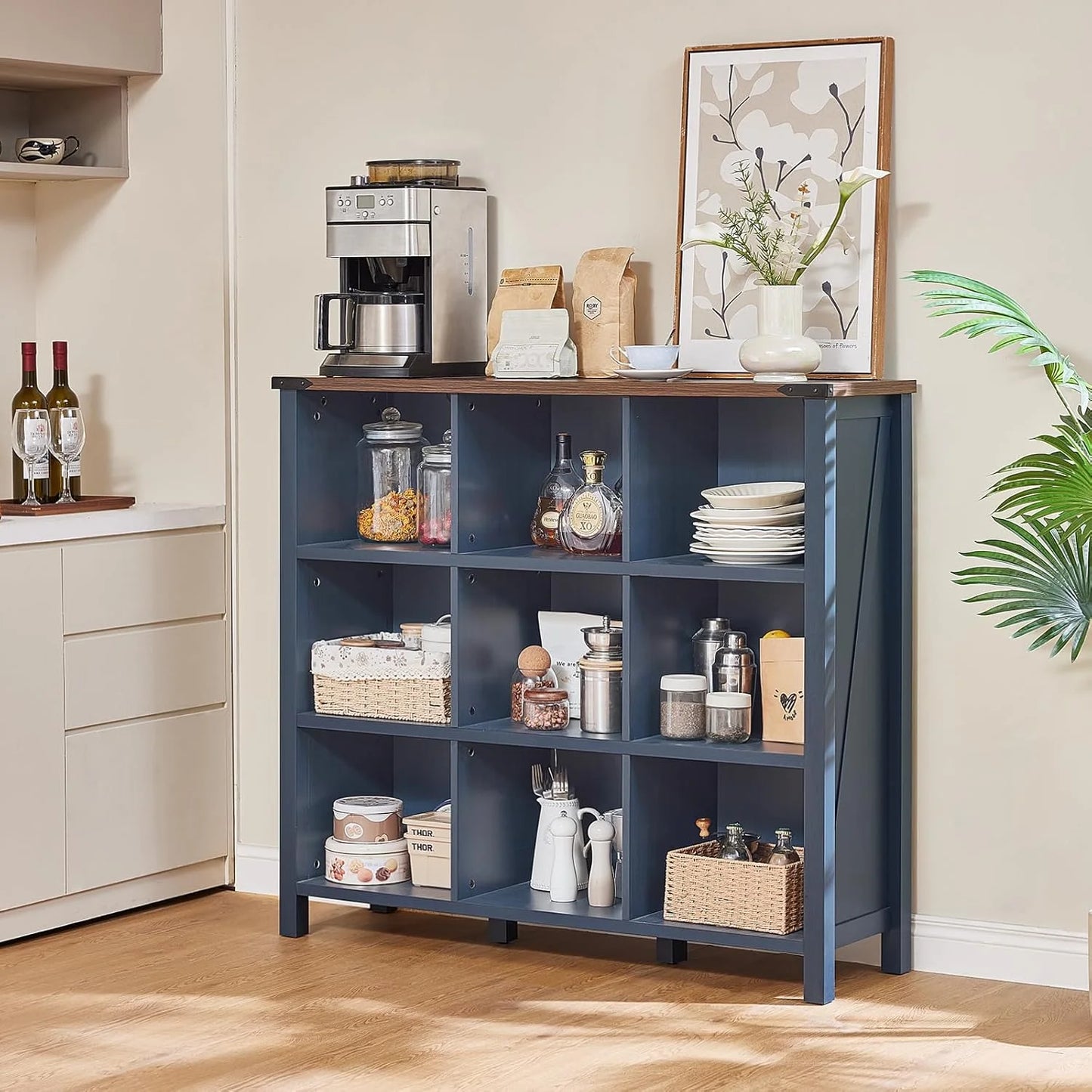 9 Cube Bookcase, Farmhouse 47 Inch Wide Navy Blue Bookshelf, Wooden 3 Tier Display Large Open Book Shelf, Vintage Horizontal Book Case for Home Office, Cubby Storage Cabinet for Living Room