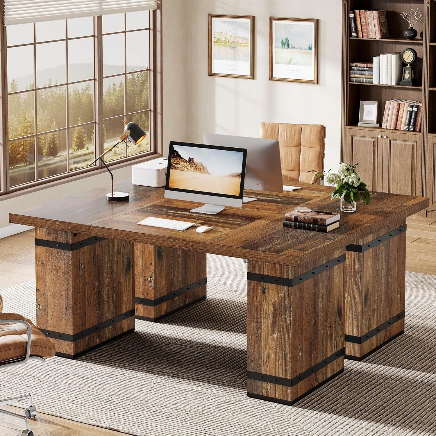63-Inch Farmhouse Executive Desk, Large Business Workstation Table for Home Office, Mix-Brown