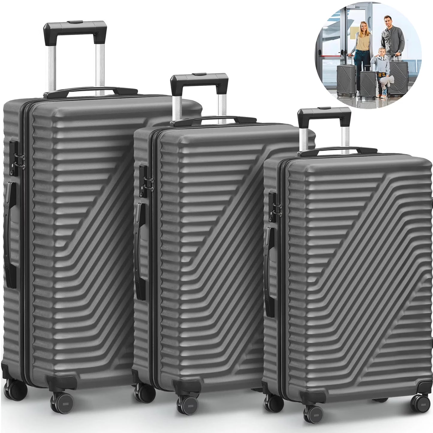 SUGIFT 3 Piece Luggage Sets, 20/24/28 inch Suitcase Sets with Spinner Wheels, Hardside Luggage Set, Dark Black