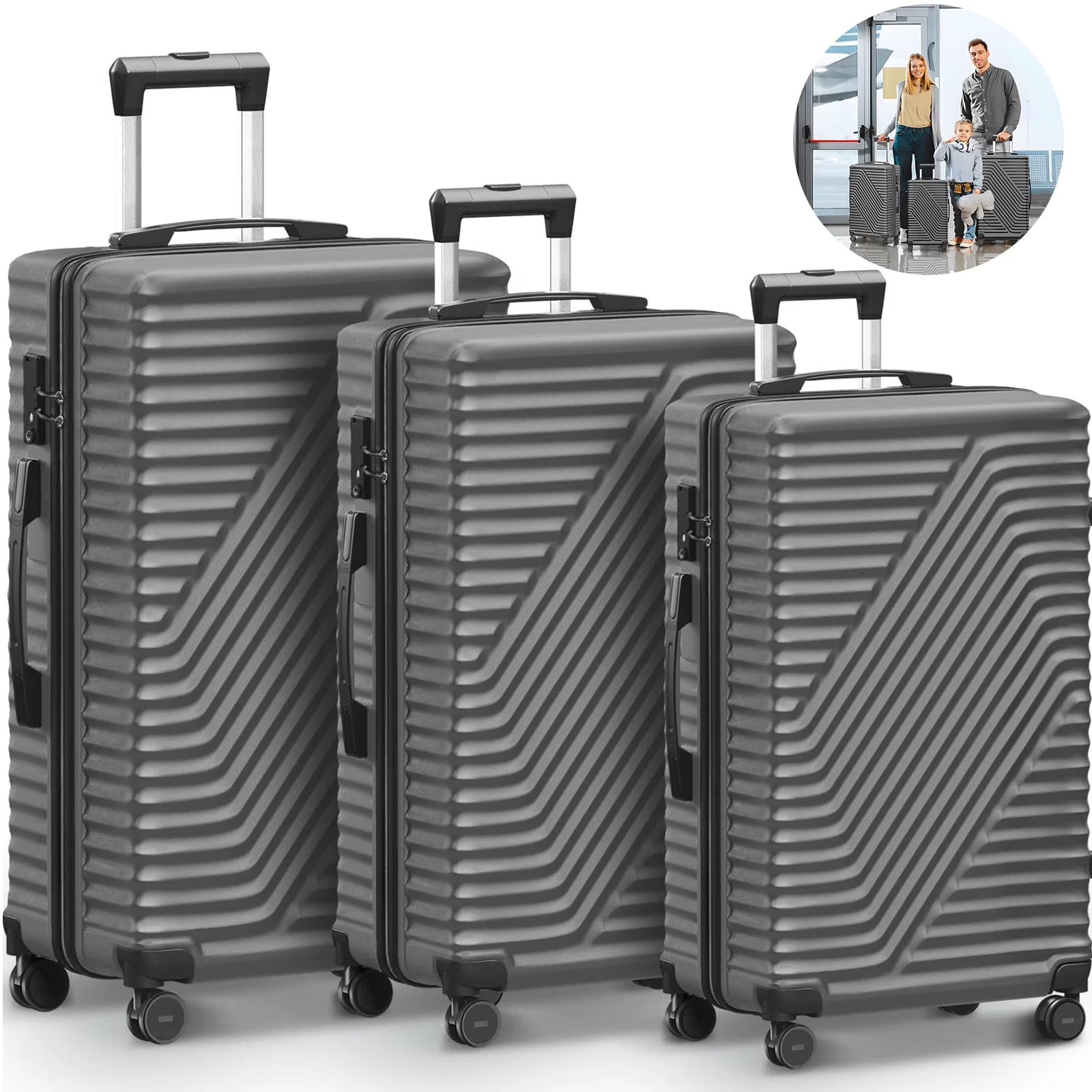 SUGIFT 3 Piece Luggage Sets, 20/24/28 inch Suitcase Sets with Spinner Wheels, Hardside Luggage Set, Dark Black