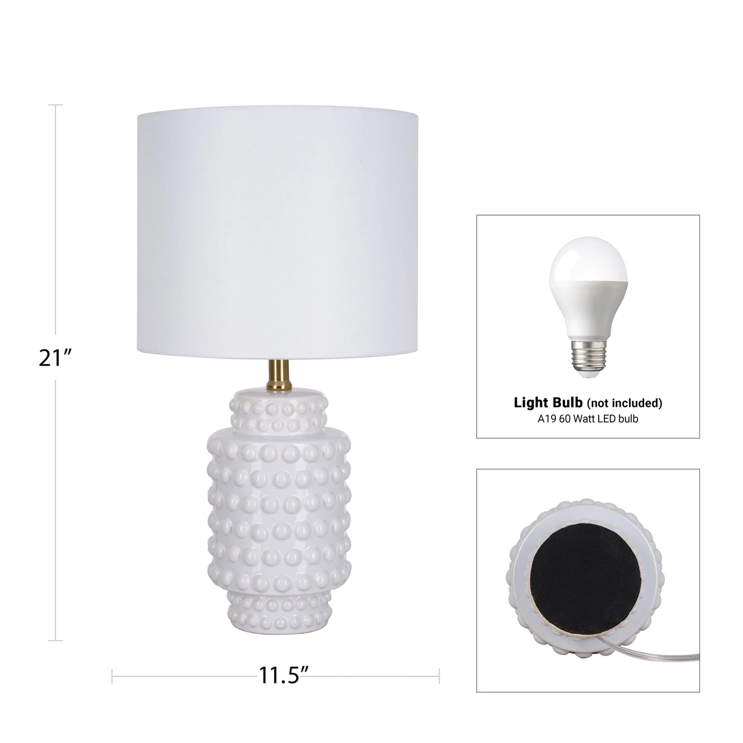 My Texas House 21" Hob-Nail Ceramic Table Lamp, Brass Accents, White Finish