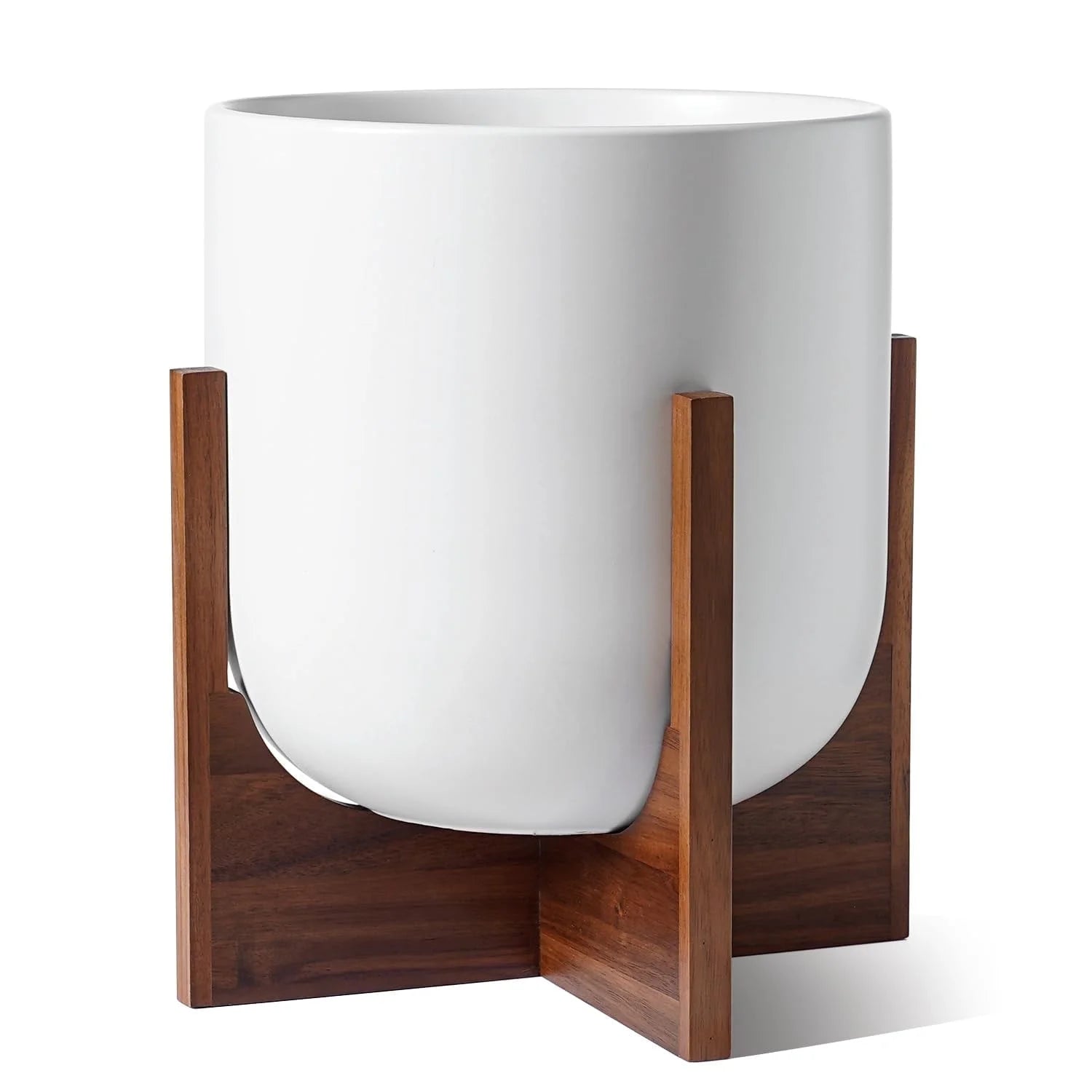 BEMAY 12" White Ceramic Planter with Wood Stand, Large Indoor Plant Pot and Flower Pot for Tall Plants and Houseplants, Mid Century Modern Decor