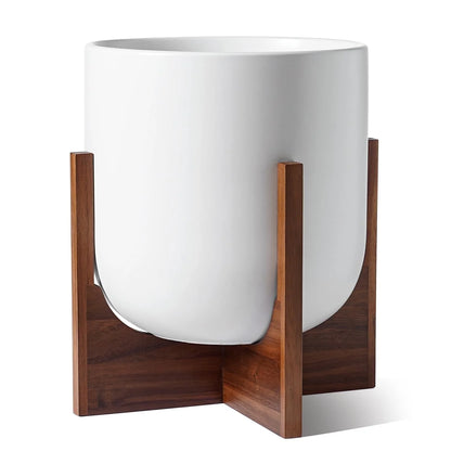 BEMAY 12" White Ceramic Planter with Wood Stand, Large Indoor Plant Pot and Flower Pot for Tall Plants and Houseplants, Mid Century Modern Decor