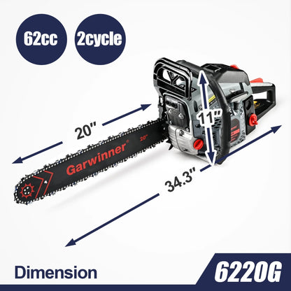 Garwinner Chainsaw Gas Powered 20in. 62CC 2-Stroke Gasoline Chainsaw for Trees/Farm/Garden 6220G