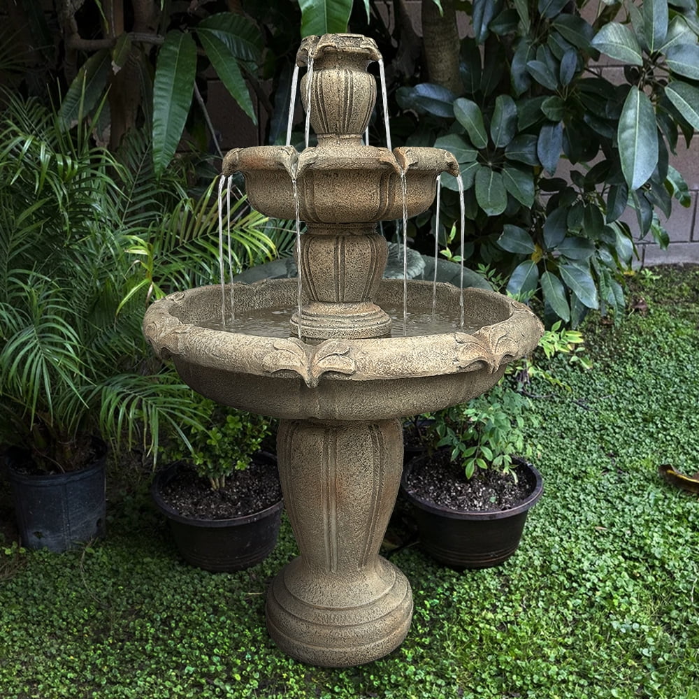 Indoor/Outdoor 3-Tiers Concrete Floor Water Fountain with Electric Pump for Patio Lawn Home Decor