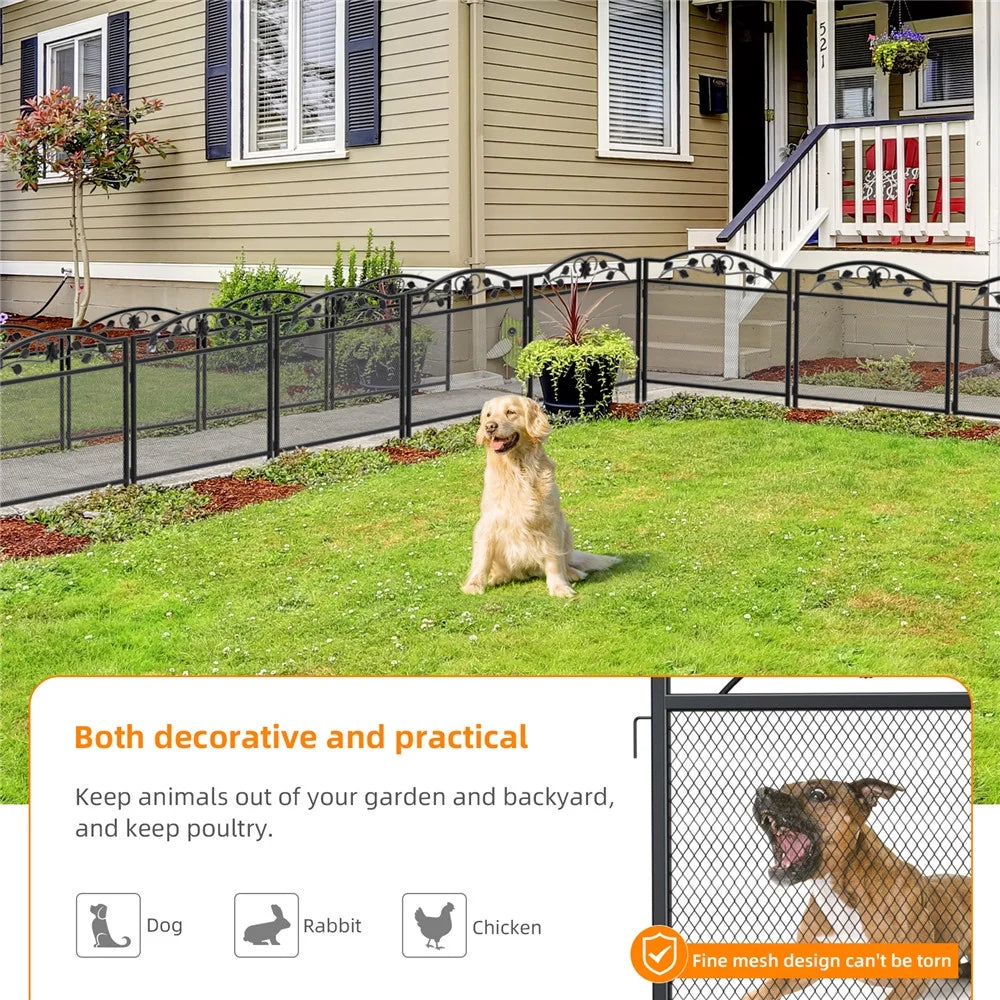 UNHO 5Panel Garden Fence Rustproof Wrought Iron Outdoor Flower Bed Animal Barrier Dog Pet Fence
