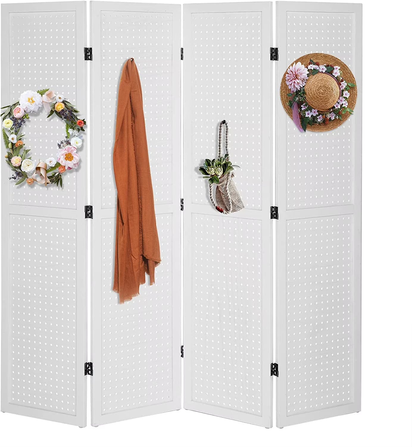 Bonnlo 4 Panel Pegboard Freestanding, 5 FT Portable Display for Craft Show Jewelry, Wooden Folding Room Divider