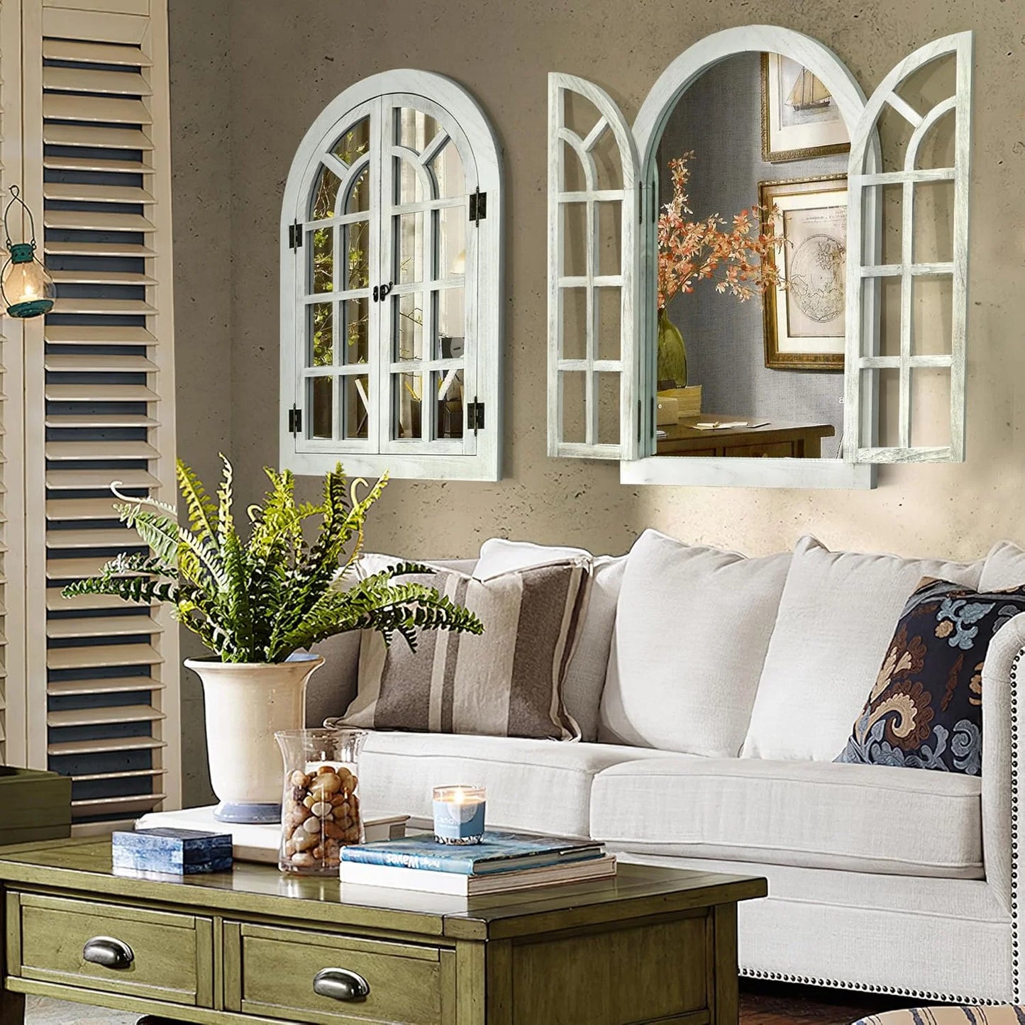 Window Mirrors for Wall Decor -White Arched Wall Mirror Farmhouse Wall Decor Wood Frame Decorative Wall Mirrors Like Window for Bedroom, Living Room, Entrance, Dining Room