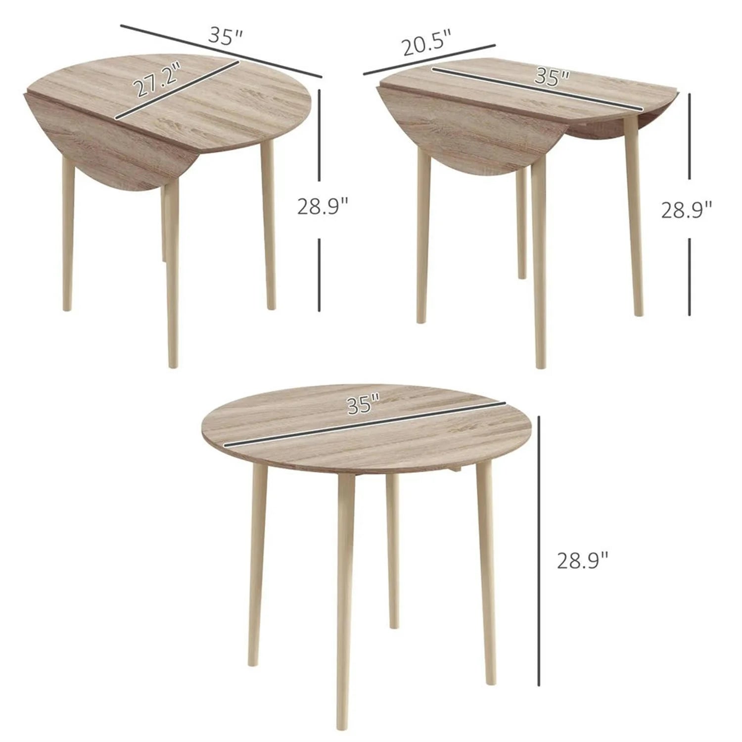 Finihen 35" Solid Wood Rustic Kitchen Table, Drop Leaf Round Dinner Table for Dining Room, Home Office, Living Room Furniture, Beige