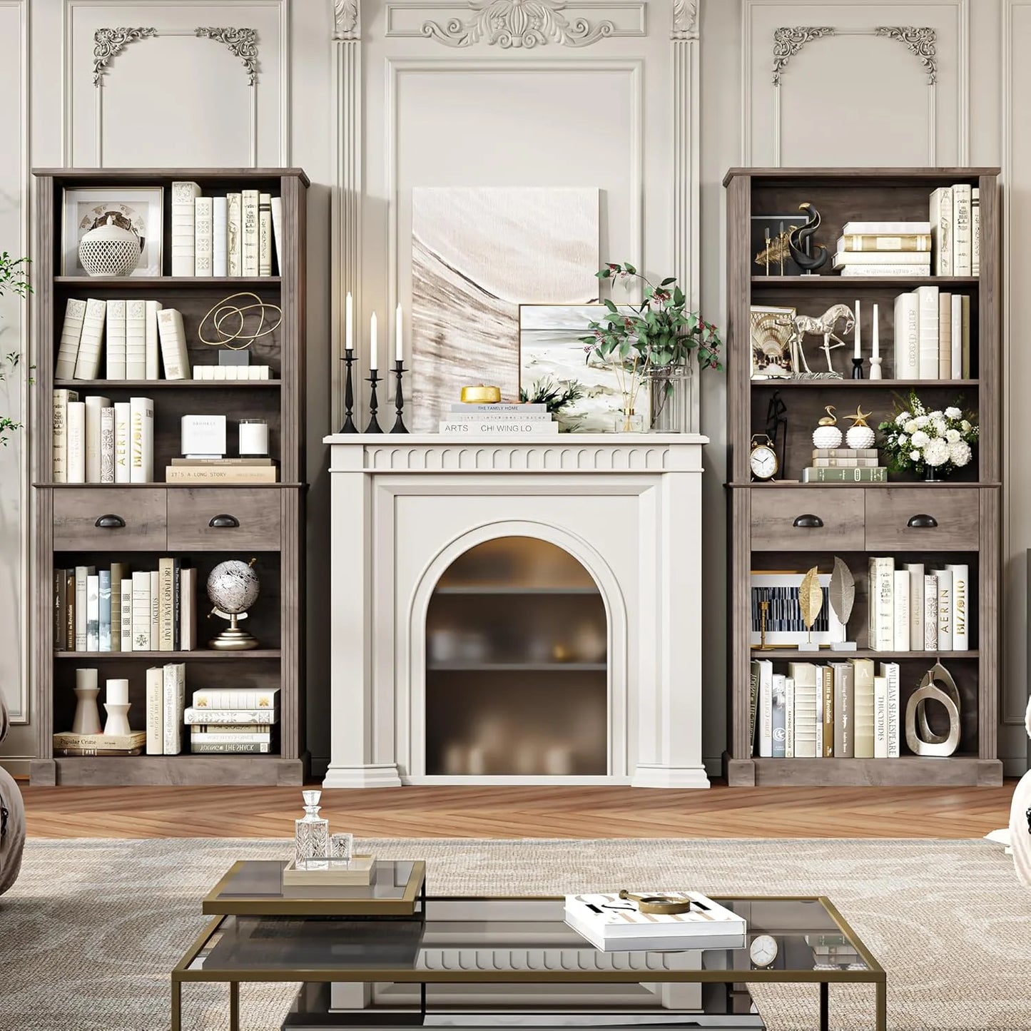 72" Farmhouse Bookshelf and Bookcase with Storage, Tall Bookshelf with Drawers, 5 Tier Book Shelf with Storage, Wood Display Shelves for Home Office, Study, Wash Gray