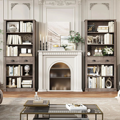 72" Farmhouse Bookshelf and Bookcase with Storage, Tall Bookshelf with Drawers, 5 Tier Book Shelf with Storage, Wood Display Shelves for Home Office, Study, Wash Gray