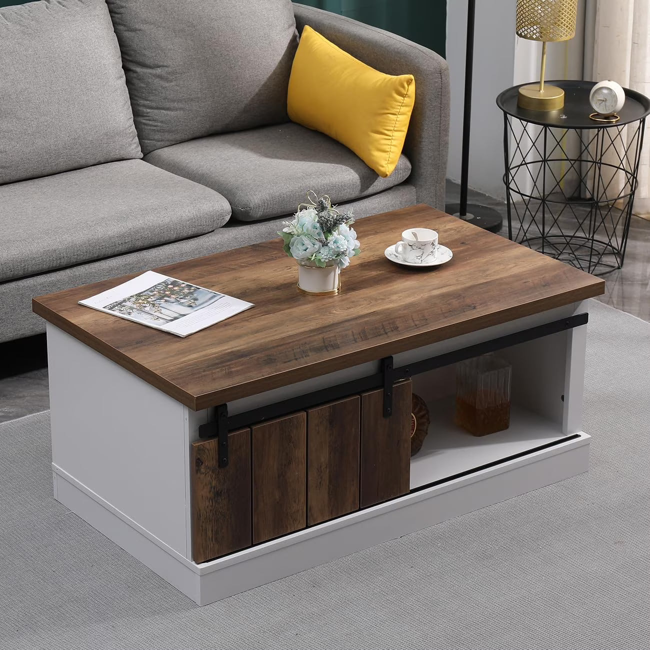 Ansley& HosHo Farmhouse Coffee Table with Sliding Barn Doors & Storage, Antique Wood Living Room Center Table, Rustic Industrial Cocktail Table for Bedroom Home Office, White+Dark Walnut