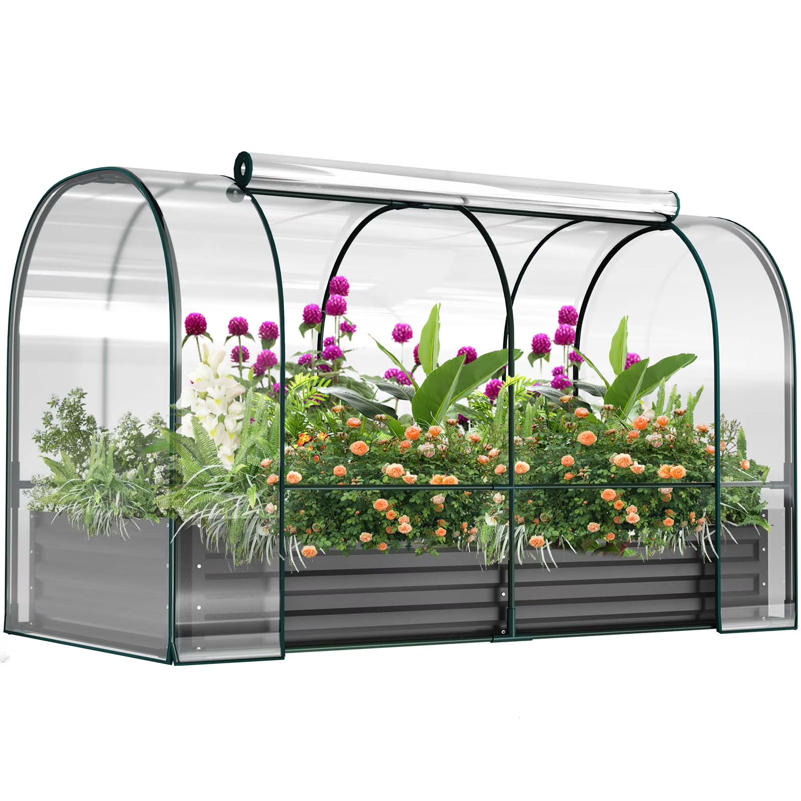 Slsy Galvanized Raised Garden Bed Kit w/Crop Cage Anti-Bird Netting Mesh Cover, 71" x 35.4" x 59" Large Metal Outdoor Planter Garden Boxes w/2 Roll-Up Zippered Doors, for Vegetables Herbs Flowers