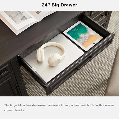 T4TREAM Farmhouse Wood 58" Executive Desk, Home Office 30" High Computer Desk with Drawers and Storage Cabinet, White