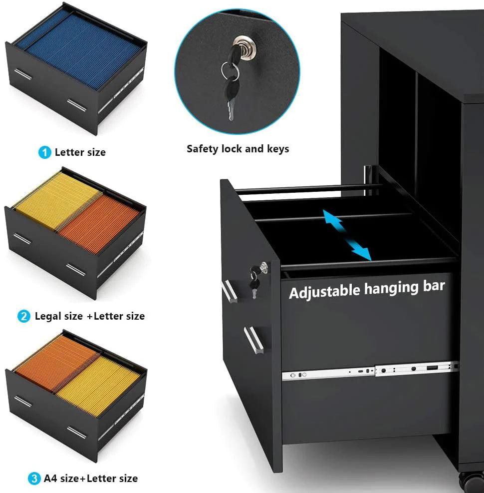 Tribesigns File Cabinet with Lock and Drawer, Mobile Lateral Filing Cabinet Printer Stand with Wheels and Storage Shelves for Home Office, Letter/Legal/A4 Size(Black)