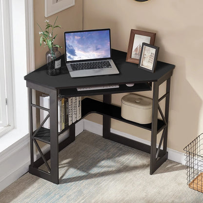 VECELO Corner Computer Desk with Keyboard Tray and Storage Shelf, Student Study Writting Table Workstation for College Dorm Apartment Home Office, Black (90 Degrees)