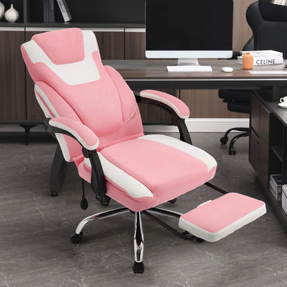 JONPONY Big and Tall Office Chair 400lbs, Executive Reclining Office Chairs with Footrest, High Back Home Office Chair Thick Padded Armrests, Ergonomic Adjustable Lumbar Support, PinkWhite