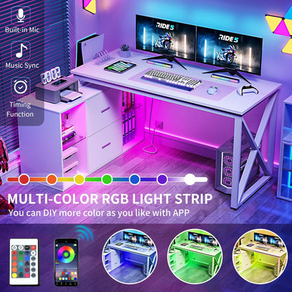 AGRTY55 inch reversible L-shaped office desk with power socket and filing cabinet - multifunctional computer desk with LED lights, modern design, space saving, suitable for home office