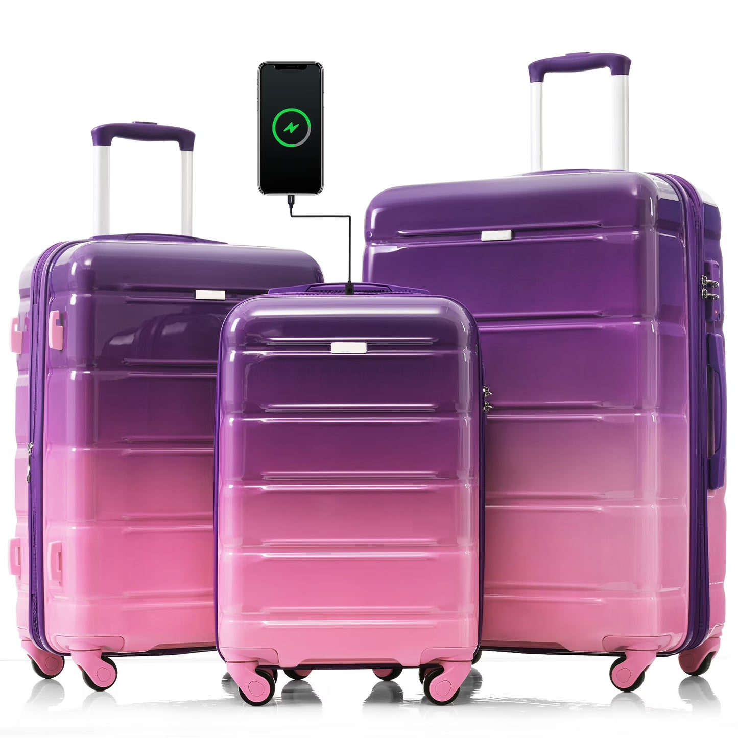 PAPROOS 3-Piece Luggage Set (20''/24''/28''), Hardshell Lightweight Suitcase with USB Port and Side Hooks, Travel Luggage with TSA-Lock, Hardside Rolling Luggage for School, Travel, Pink