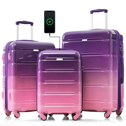 PAPROOS 3-Piece Luggage Set (20''/24''/28''), Hardshell Lightweight Suitcase with USB Port and Side Hooks, Travel Luggage with TSA-Lock, Hardside Rolling Luggage for School, Travel, Pink
